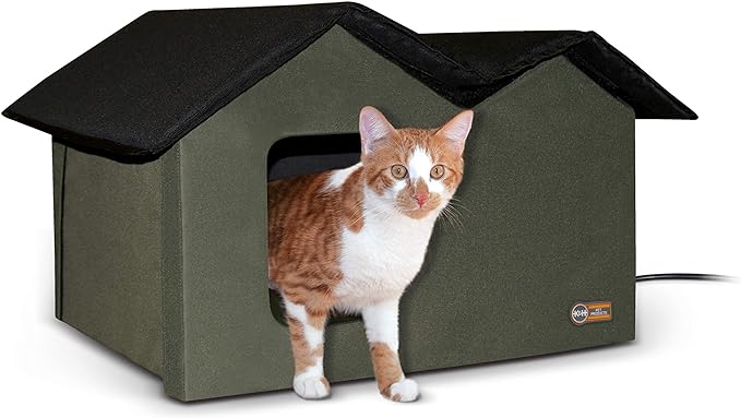 K&H Pet Products Outdoor Heated Cat House Extra-Wide Cat Shelter for Two, Olive, 26.5 X 21.5 X 15.5 Inches