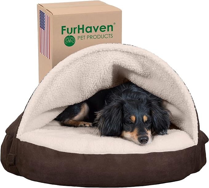 Furhaven 26" Round Cooling Gel Dog Bed for Medium/Small Dogs w/ Removable Washable Cover, For Dogs Up to 30 lbs - Sherpa & Suede Snuggery - Espresso, 26-inch