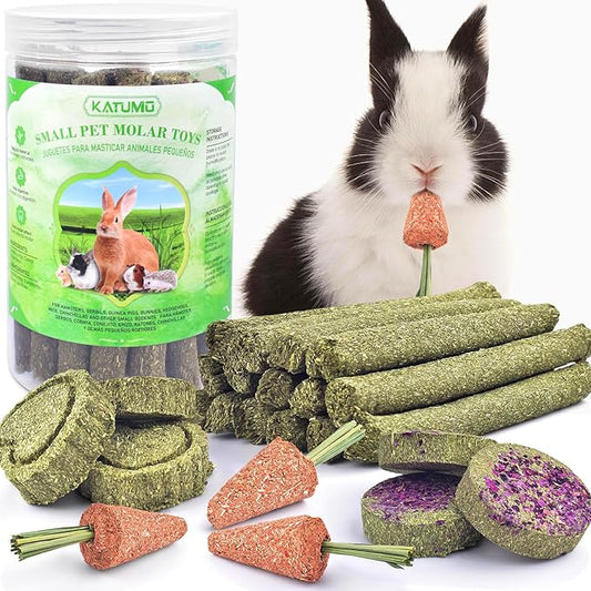 KATUMO 24PCS Rabbit Chew Treats, Healthy Bunny Treats Natural Timothy Hay Sticks Rabbit Chew Toys Small Animal Treats