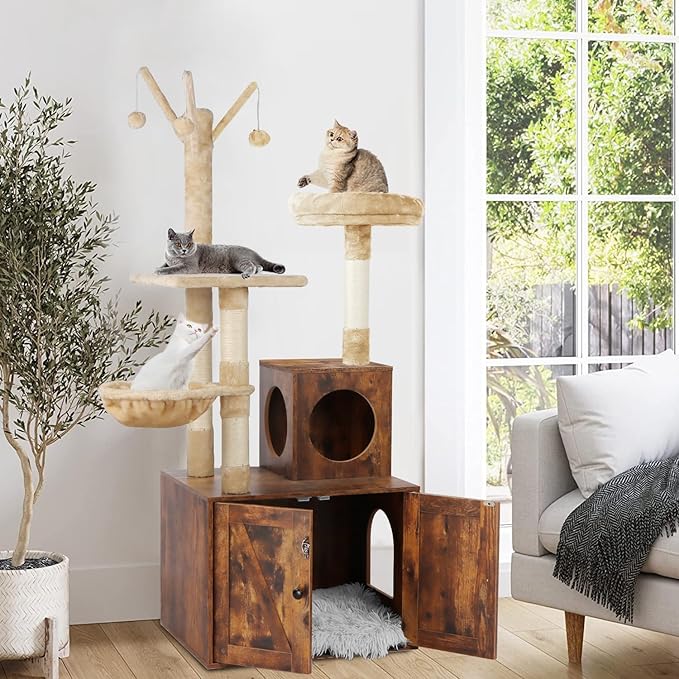 Litter Box Enclosure with Cat Tree, Wooden Cat House with Cat Tree Tower, Hidden Cat Litter Box Furniture with Scratching Post, Modern Cat Condo, Rustic Brown