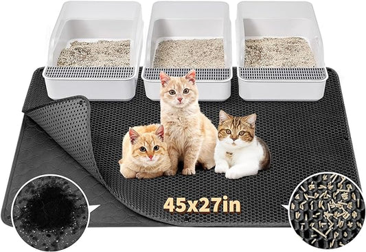 Fostanfly Cat Litter Mat, 45"x 27" Kitty Litter Trapping Mat, Extra Large XL Honeycomb Scatter Control Litter Mat, Urine & Waterproof Litter Box Mat, Easy Clean Machine Washable, Black