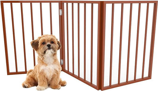 Pet Gate - 3-Panel Indoor Foldable Dog Fence for Stairs or Doorways - 54x24-Inch Retractable Wood Freestanding Dog Gates by PETMAKER (Mahogany)