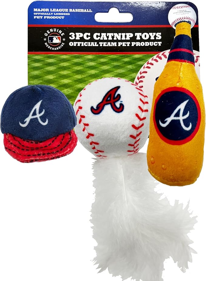 BEST PLUSH CAT TOY - MLB ATLANTA BRAVES Complete Set of 3 piece Cat Toys filed with Fresh Catnip. Incld: 1 Baseball Cap Cat Toy, 1 Baseball Cat Toy with Feathers, & 1 Beer Bottle. Beautiful Team LOGOS