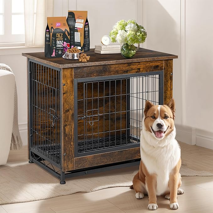 Shintenchi Wooden Dog Crate Furniture, Double-Doors Kennel Indoor with Removable Tray, End Table Dog Crate for Decoration, 32" L*22" W*25" H, Vintage Brown