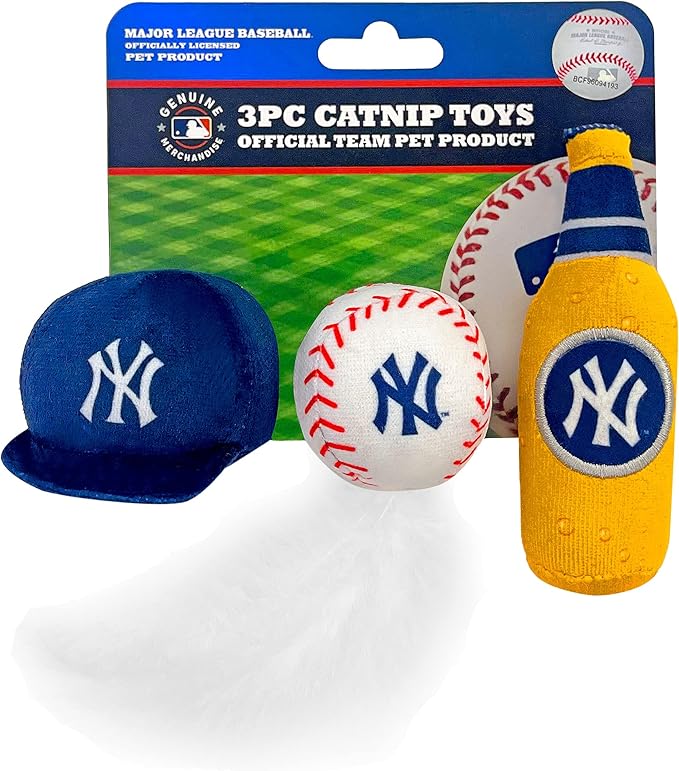 BEST PLUSH CAT TOY - MLB NEW YORK YANKEES Complete Set of 3 piece Cat Toys filled with Fresh Catnip. Incl: 1 Baseball Cap Cat Toy, 1 Baseball Cat Toy with Feathers & 1 Beer Bottle. Beautiful Team LOGO