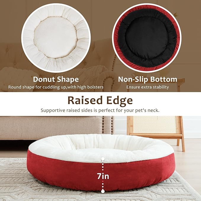 Love's cabin Round Donut Cat and Dog Cushion Bed, 30in Pet Bed for Medium or Large Dogs, Anti-Slip & Water-Resistant Bottom, Soft Durable Fabric Pet beds, Washable Calming Cat & Dog Bed Red