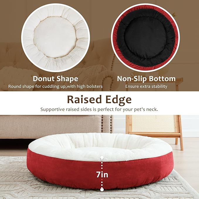 Love's cabin Round Donut Cat and Dog Cushion Bed, 25in Pet Bed for Small or Medium Dogs, Anti-Slip & Water-Resistant Bottom, Soft Durable Fabric Pet Beds, Washable Calming Cat & Dog Bed Red