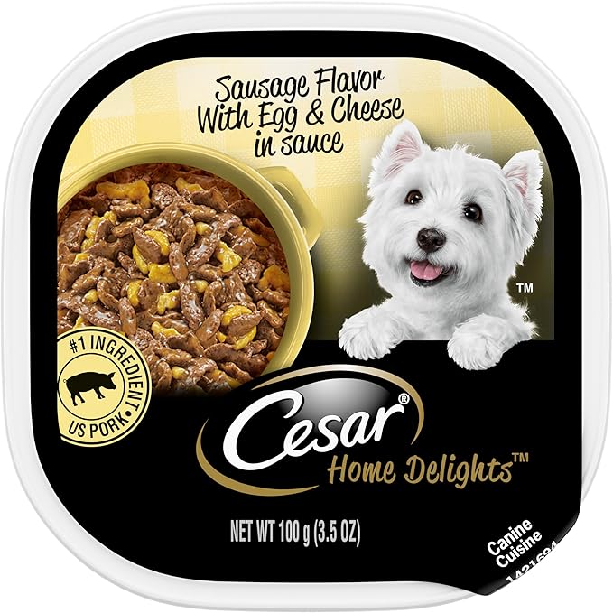 CESAR HOME DELIGHTS Adult Wet Dog Food Sausage Flavor with Egg and Cheese in Gravy, 3.5 oz. Easy Peel Trays, Pack of 24