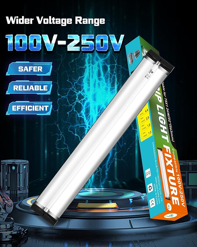 T5 UVA UVB Reptile Light Combo Kit(100V-250V Wide Voltage), Reptile Light Fixture with UVB 10.0 Fluorescent Tube, 24W UVA UVB Lamp Bulb for Bearded Dragon Tortoise