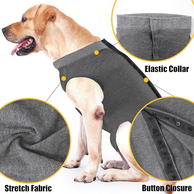 Dog Recovery Suit Abdominal Wound Puppy Surgical Clothes Post-Operative Vest Pet After Surgery Wear Substitute E-Collar & Cone(XXXL, Grey)