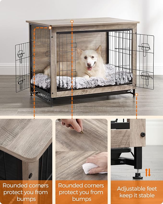 Feandrea Dog Crate Furniture, Side End Table, Modern Kennel for Dogs Indoor up to 45 lb, Heavy-Duty Dog Cage with Multi-Purpose Removable Tray, Double-Door Dog House, Greige UPFC002G01