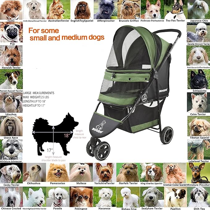 ROODO Dog Stroller 3Wheel Pet Stroller Cat Stroller Lightweight Foldable Portable Compact Jogger Pet Gear Puppy Travel Pet Stroller Suitable for 30lbs Small Dogs and Cats(Green)