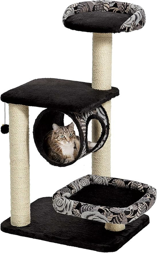 MidWest Homes for Pets Cat Tree | Escapade Cat Furniture, 4-Tier Cat Activity Tree w/Sisal Wrapped Support Scratching Posts & Lounging Cat Look-Out, Black/White Pattern, Medium Cat Tree