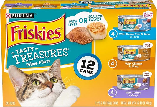 Purina Friskies Gravy Wet Cat Food Variety Pack, Tasty Treasures Prime Filets - 5.5 Ounce (Pack of 12)