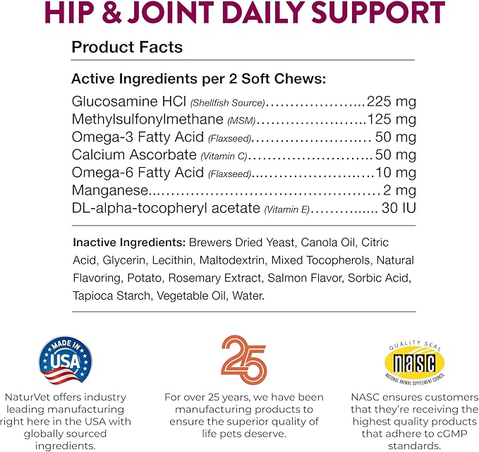 NaturVet – Hip & Joint for Cats Plus Omegas – 60 Soft Chews – Help Supports Healthy Hip & Joint Function – Enhanced with Antioxidants, Omega-3 & 6 Fatty Acids – 30 Day Supply