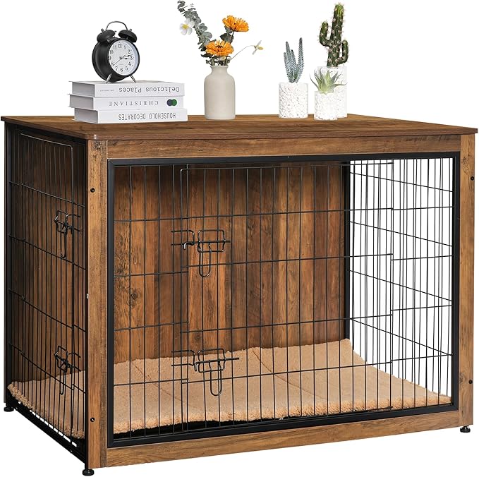 DWANTON Dog Crate Furniture with Cushion, XL Wooden Dog Crate with Double Doors, Large Dog Crate Furniture, Dog Kennel Indoor, Dog House, Extra Large, 43.3" L, Warm Brown