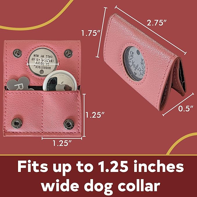 Dog Collar ID Holder - Dog Tag Silencer - No Noise Dog Tag Pouch for Dog Collar - Dog ID Tag Protector - Pockets for Dog accessories, Rabies Tags, Poop bags - Slide on Dog ID - Pet tag (Pink)