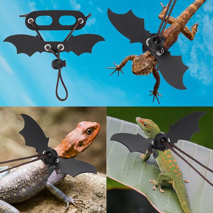 Bearded Dragon Harness and Leash, 3 Pcs Adjustable Lizard Leashes, Soft Leather Reptile Lizard Leash with Cool Wings for Iguana Gecko Chameleon Amphibians Rat Small Pet Animals