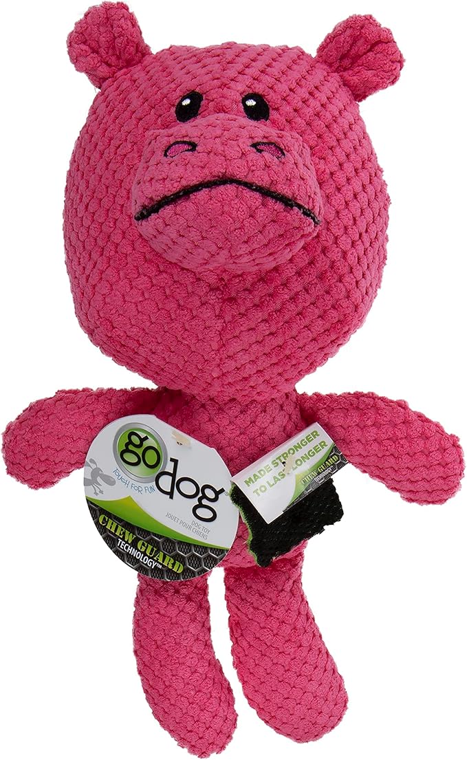 goDog Checkers Hippo Squeaky Plush Dog Toy, Chew Guard Technology - Pink, Large