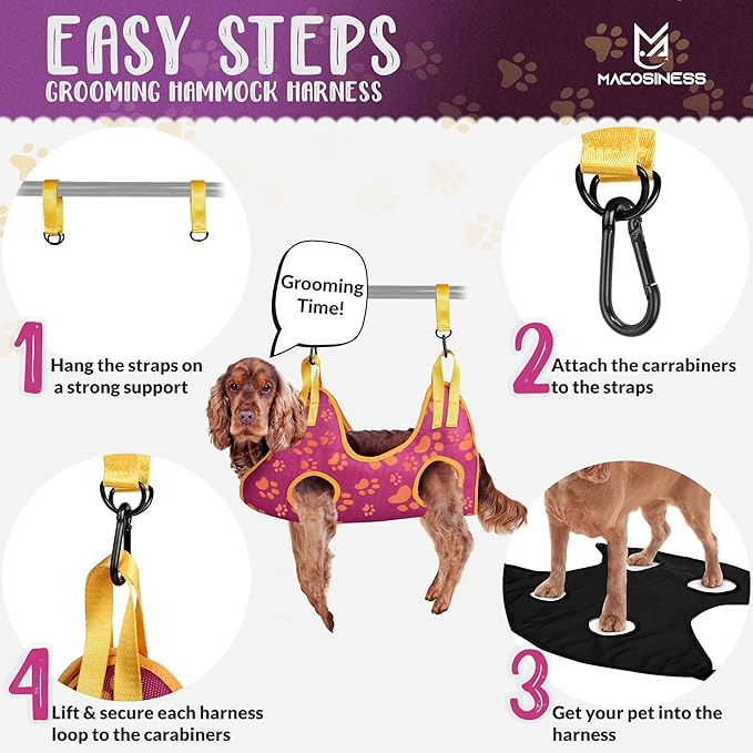 Pet Grooming Hammock for Nail Trimming - Complete Groomers Helper Set for Pet - Dog Grooming Hammock with Hook - Cat Nail Clipper - Dog Hammock for Nail Clipping (L, Purple with gold paws)