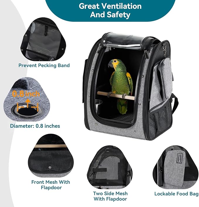 Petsfit Bird Carrier Medium Size with Stainless Steel Bowl, Parrot Backpack includes Slide Tray for Easy Cleaning, 13" x 10" x 16"