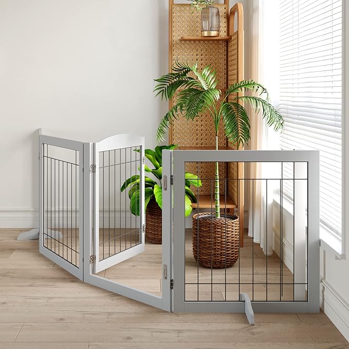 Folding Pet Gate 96" Wide, 30" Tall No-Assembly Wooden Dog Gate with Door Walk Through, Freestanding Wire Pet Gate, Pet Puppy Safety Fence, with 2PCS Support - Gray