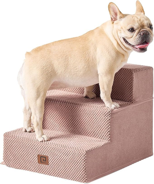 EHEYCIGA Dog Stairs for Small Dogs 13.5" H, 3-Step Dog Steps for Couch Sofa and Chair, Pet Steps for Small Dogs and Cats, Non-Slip Balanced Dog Indoor Ramp, Pink