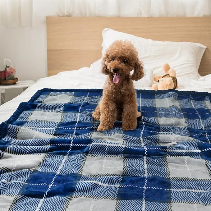 PetAmi WATERPROOF Dog Blanket for Medium Large Dog, Pet Puppy Blanket Couch Cover Protection, Sherpa Fleece Cat Blanket, Sofa Bed Furniture Protector Reversible Soft Plush Washable, 60x40 Plaid Navy