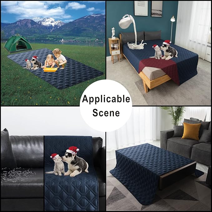 Topthumbs100% Waterproof Dog Bed Cover 102x82 inch Reversible Changing Pad Reusable Camping Mat for Kids/Pet/Dog/Cat Washable Geometric Embroidery Blanket Patchwork Navy+Burgundy