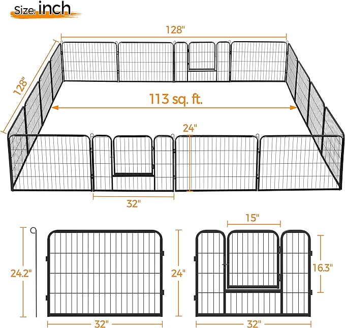 Yaheetech Heavy Duty Extra Wide Dog Playpen, 16 Panels Outdoor Pet Fence for Large/Medium/Small Animals Foldable Puppy Exercise Pen for Garden/Yard/RV/Camping 24 Inch Height x 32 Inch Width