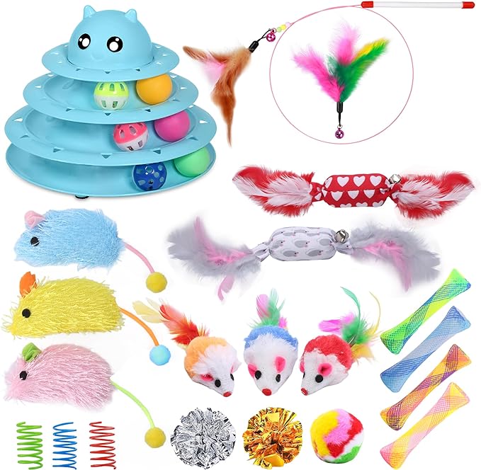 UPSKY 24 PCS Cat Toys, 3-Level Turntable Kitten Toys Set, Interactive Cat Roller Toys for Indoor Cats, Catnip Toys, Cat Teaser Toys, Mice Toys, Spring Toys, Various Ball Toys for Kitty.