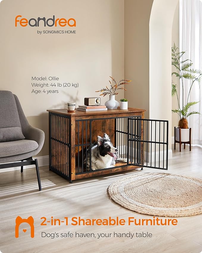 Feandrea Dog Crate Furniture, Side End Table, Modern Kennel for Dogs Indoor up to 70 lb, Heavy-Duty Dog Cage with Enclosed Base, Double-Door Dog House, Rustic Brown UPFC023X01