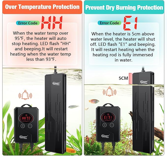 hygger Aquarium Heater 800W,Submersible Fish Tank Heater with Double Quartz Tubes,Digital LED Controller,Overheating & Auto Shut off Protection,Heater for Fish Tank 80-220Gallon Saltwater & Freshwater