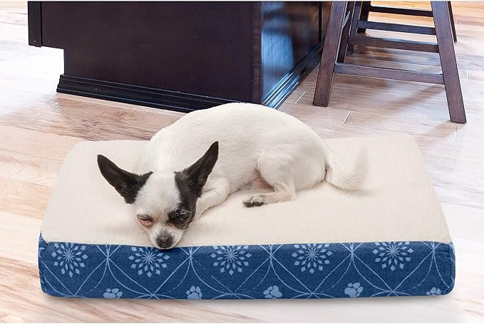 Furhaven Memory Foam Dog Bed for Small Dogs w/ Removable Washable Cover, For Dogs Up to 20 lbs - Sherpa & Flannel Paw Print Deluxe Mattress - Twilight Blue, Small