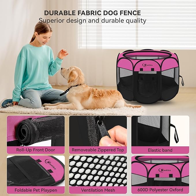 Dog Playpen, Puppy Pet Playpen Indoor for Large Dogs, Dog Tent Crates Cage Indoor/Outdoor, Portable Pop Up Dog Kennel Playpen with Carrying Case for Dogs/Cats/Rabbits, Removable Zipper Top, Hot Pink