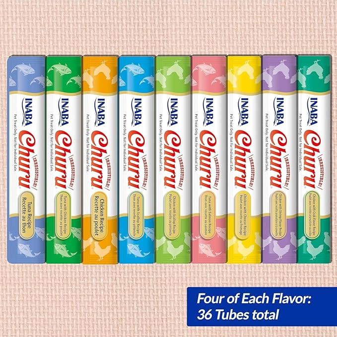 INABA Churu Cat Treats, Grain-Free, Lickable, Squeezable Creamy Purée Cat Treat/Topper with Vitamin E & Taurine, 0.5 Ounces Each Tube, 36 Tubes (4 per Pack), 9 Flavor Variety