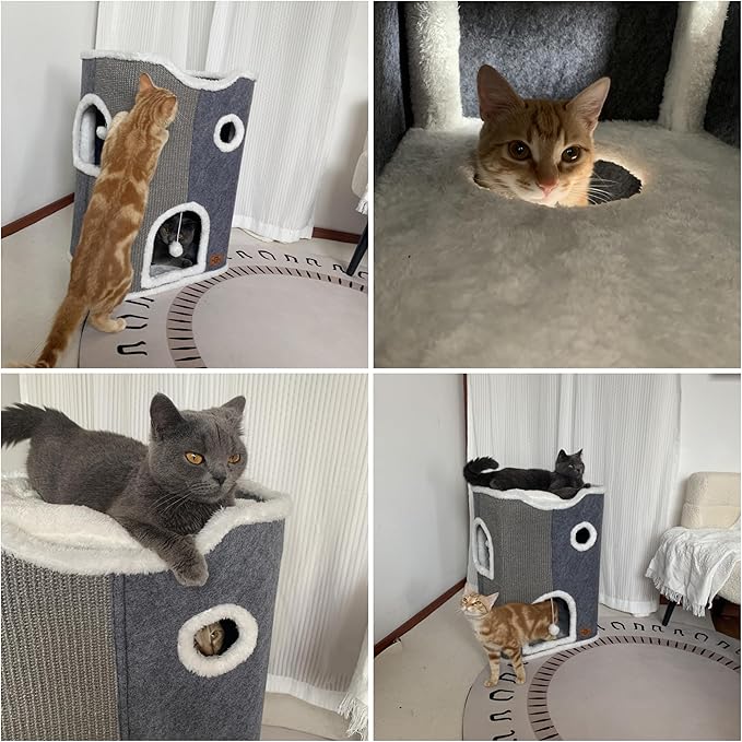 3-Level Cat House for Indoor Cats,Covered Cat Beds and Furniture with Scratch Pad,Hideaway Cave &cushions,Modern Cat Tower Condo for Multi Small Pet and Large Cats