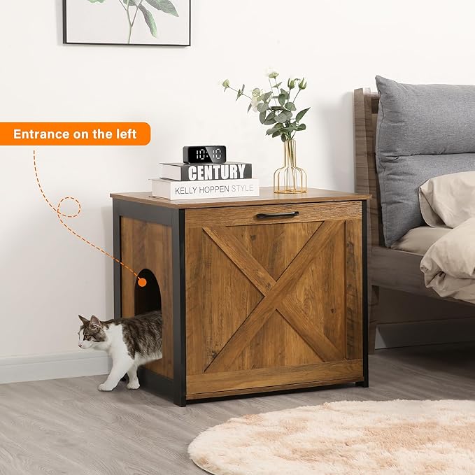 DWANTON Cat Litter Box Furniture Hidden, Cat Litter Box Enclosure, Reversible Entrance Can Be on Left or Right Side, Indoor Cat Box Cabinet, Wooden Cat Washroom, End Table, Nightstand, Warm Brown