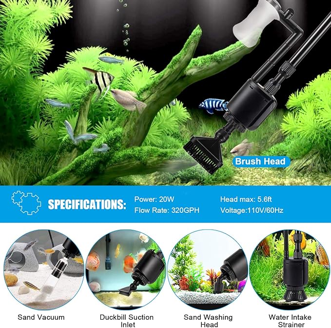 AQQA Aquarium Gravel Cleaner, 6-in-1 Electric Fish Tanks Gravel Vacuum Cleaner Set for Remove Dirt, Change Water, Wash Sand, Water Shower, Water Circulation (20W, 320GPH)