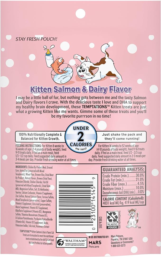 Temptations Kitten Treats, Salmon & Dairy, Crunchy and Soft Treat, 3 oz. (Pack of 12)