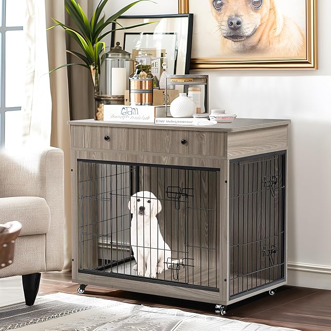 NicBex Dog Crate Furniture, 31.7" L Dog Crates for Medium Dogs, Medium Dog Crate with Drawers, Wooden Dog Kennel Indoor Pet Crate for Small Medium Dog, Grey