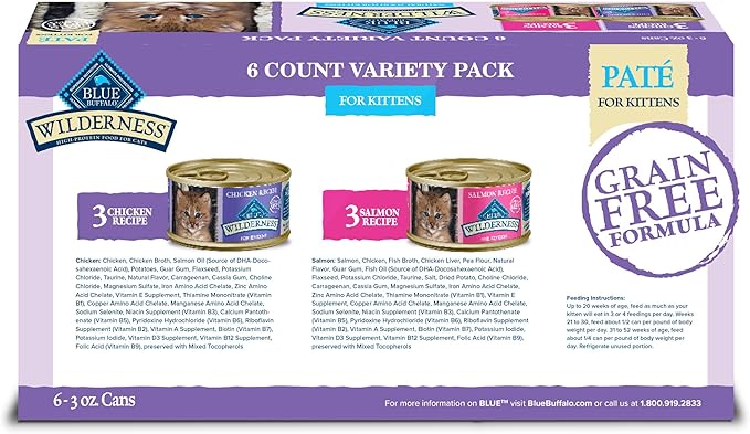 Blue Buffalo Wilderness High Protein Grain Free, Natural Kitten Pate Wet Cat Food Variety Pack, Chicken, Salmon 3-oz (6 Count- 3 of Each Flavor)