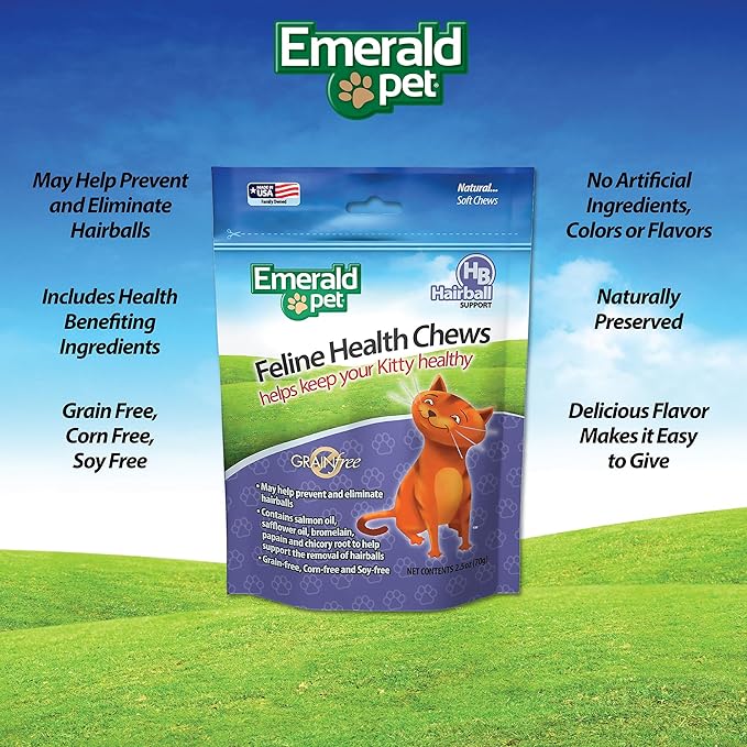 Emerald Pet Feline Health Chews Hairball Support — Natural Grain Free Feline Hairball Control Chews — Hairball Control Cat Supplements for Hairball Prevention and Elimination — Made in USA, 2.5 oz