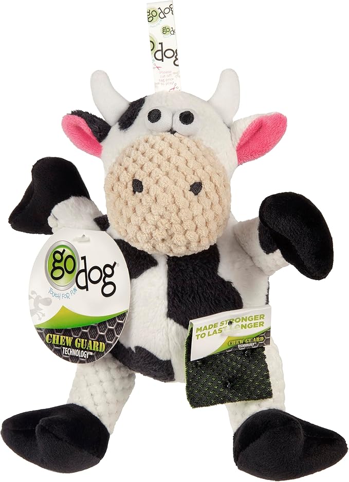 goDog Checkers Sitting Cow Squeaky Plush Dog Toy, Chew Guard Technology - White, Small