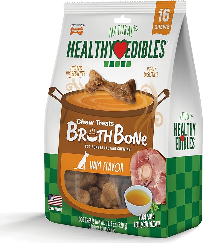 Nylabone Healthy Edibles Natural Dog Chews Long Lasting Ham Flavor Treats for Dogs, Small/Regular (16 Count)