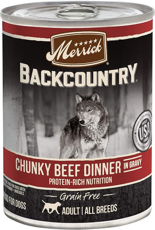 Merrick Backcountry Grain Free Premium Canned Wet Dog Food, Soft and Healthy Recipe, Chunky Beef Dinner - (Pack of 12) 12.7 oz. Cans