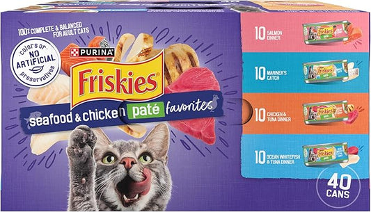 Purina Friskies Wet Cat Food Pate Variety Pack Seafood and Chicken Pate Favorites - (Pack of 40) 5.5 oz. Cans