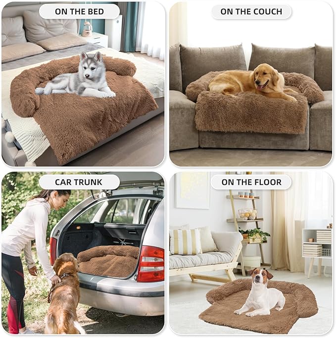 Calming Dog Bed Fluffy Plush Dog Mat for Furniture Protector with Removable Washable Cover for Large Medium Small Dogs and Cats (Extra Large (53x39.3x6), Brown)