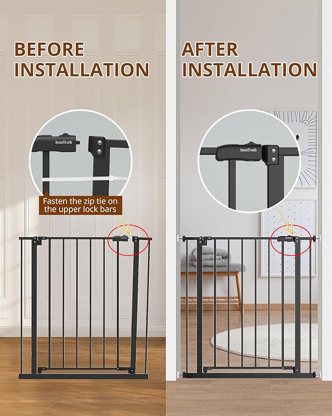 InnoTruth Baby Gate for Stairs 28.9-42.1" Wide, 30" Tall Easy Step Walk Through Expandable Dual Lock Dog Gates for The House, Metal Pressure Mounted Easy Install Pet Gate for Dogs, Black