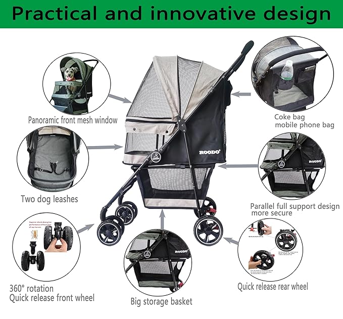 ROODO Dog Stroller 4 Wheel Pet Stroller Cat Stroller Lightweight Foldable Portable Compact Jogger Pet Gear Amazon Puppy Travel Pet Stroller Suitable for Cats and Dogs up to 30lbs(Light Khaki)